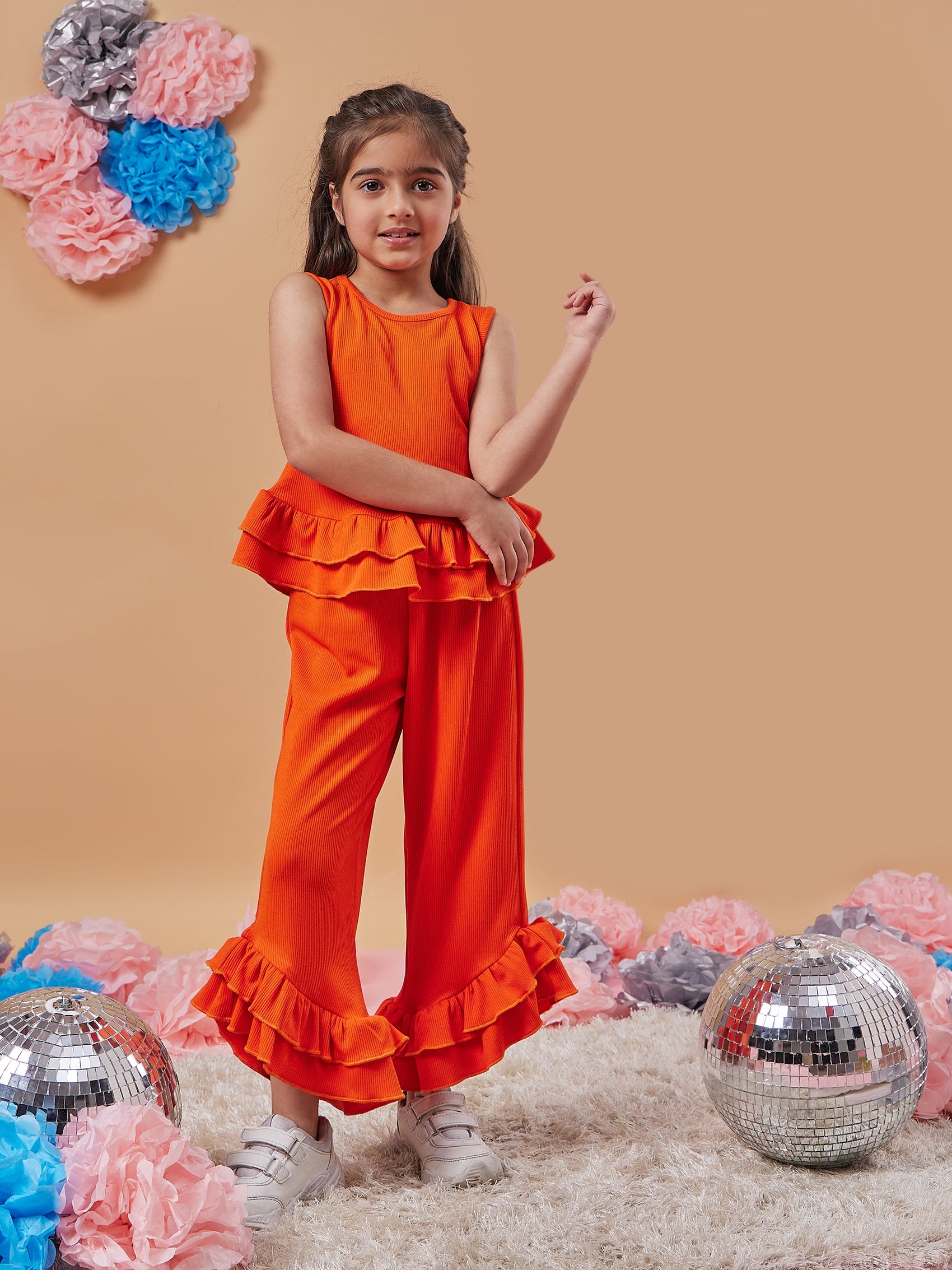 Girls Round Neck Top With Trousers (s-orangefrill)