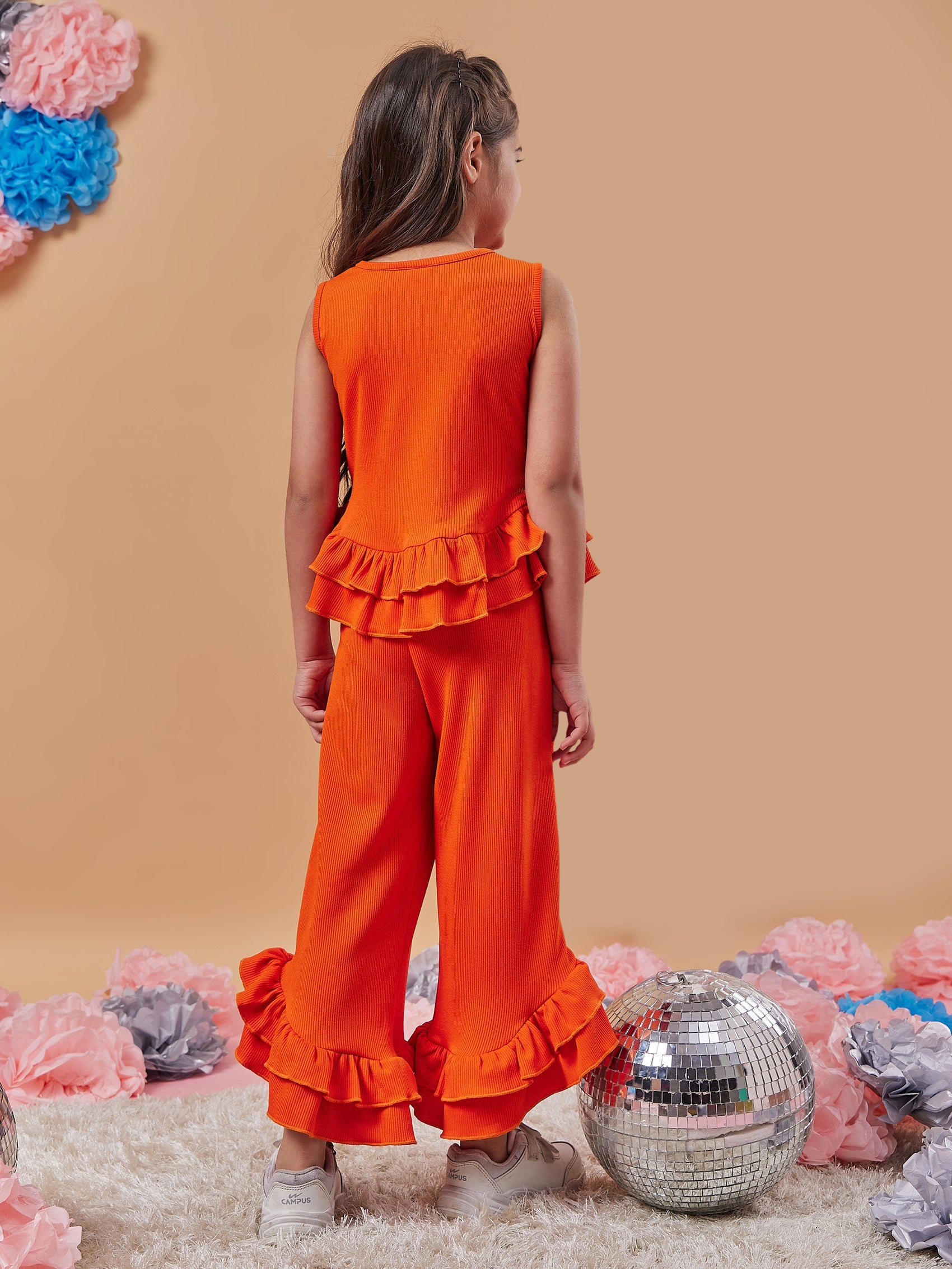 Girls Round Neck Top With Trousers (s-orangefrill)