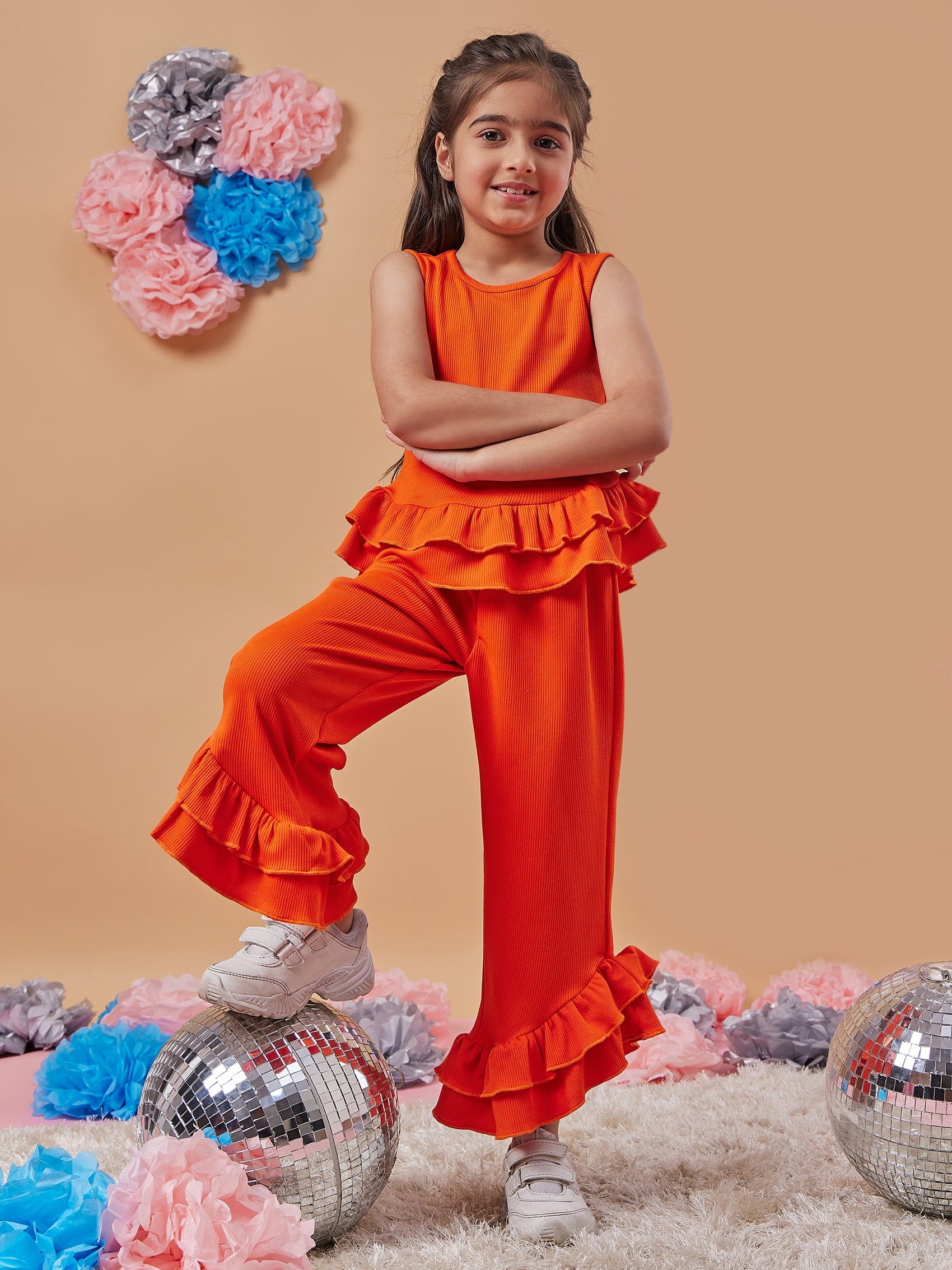 Girls Round Neck Top With Trousers (s-orangefrill)