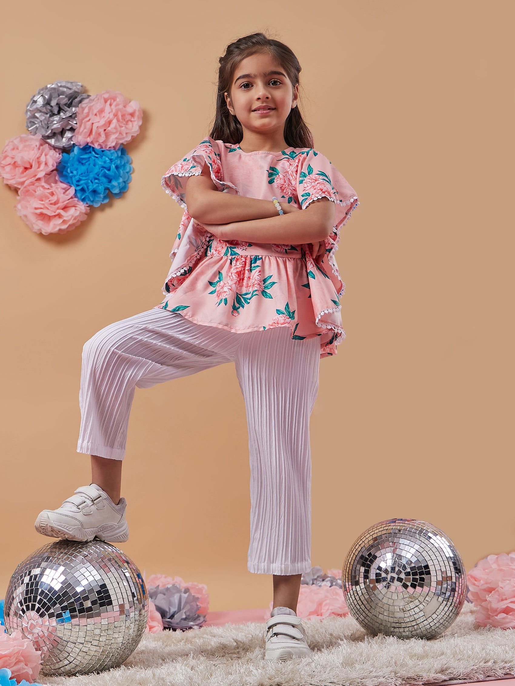 Girls Floral Printed Kimono Sleeve Top with Trousers (s-peachfrill)