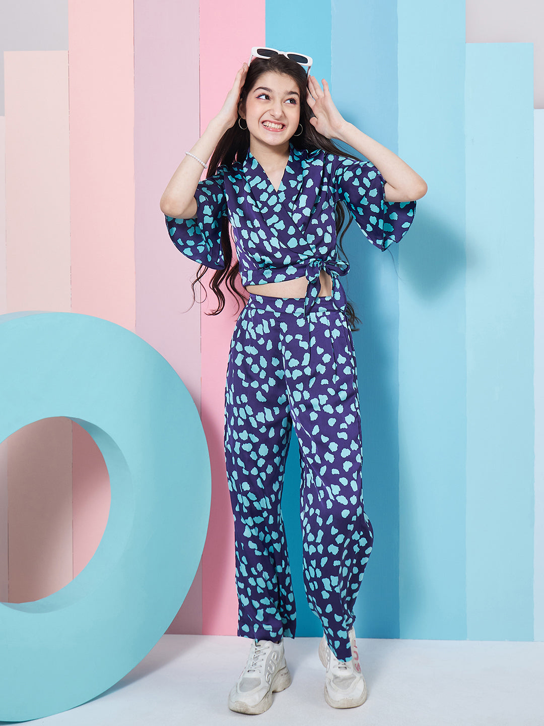 Girls Abstract Printed Crop Top With Trousers (s-satinnavy)