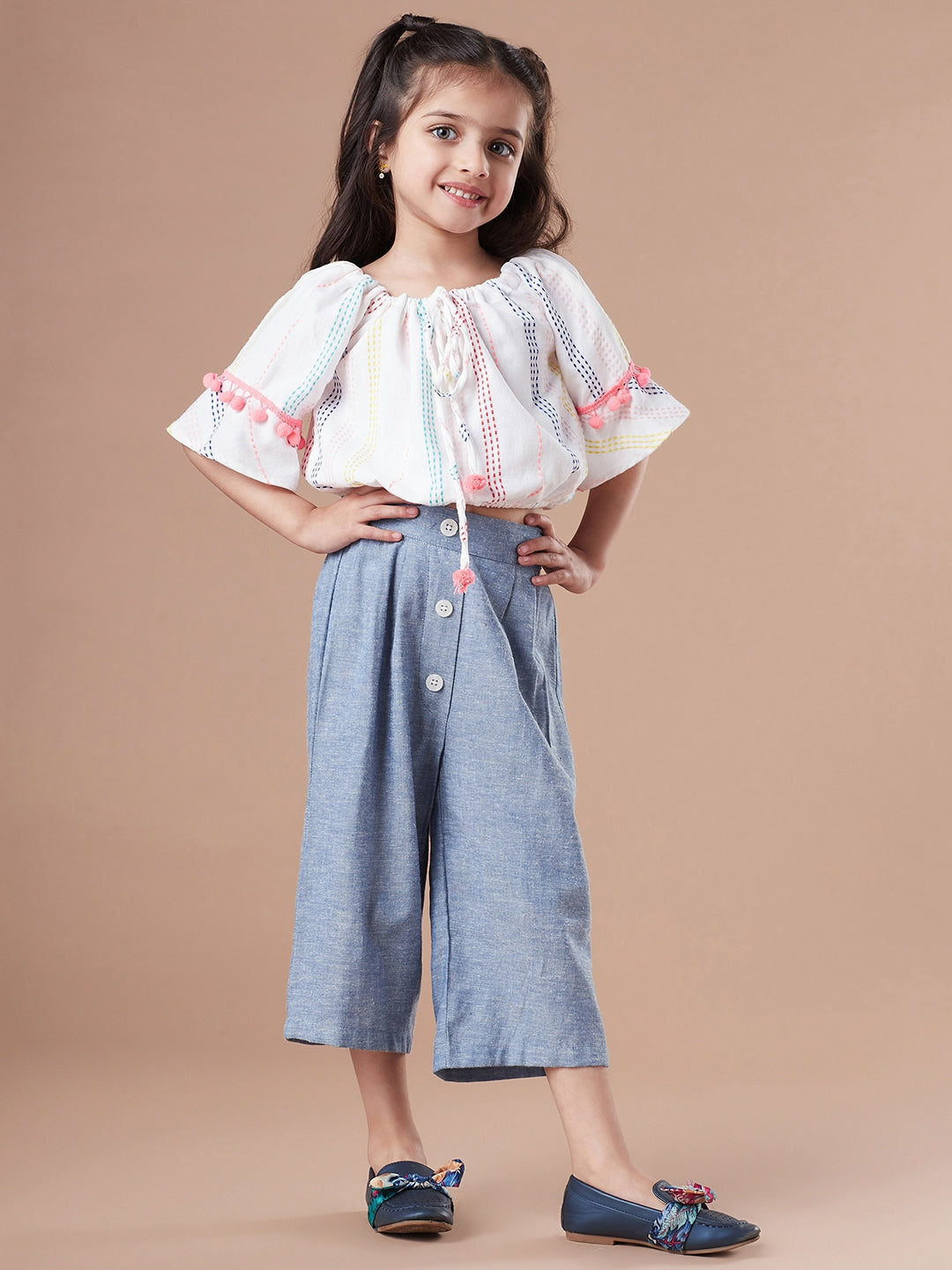 Girls Self Design Pure Cotton Crop Top With Trousers Clothing Set (s-stripewhite)