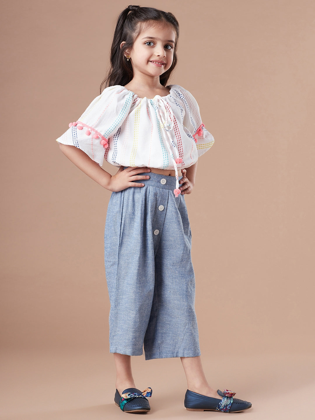 Girls Self Design Pure Cotton Crop Top With Trousers Clothing Set (s-stripewhite)