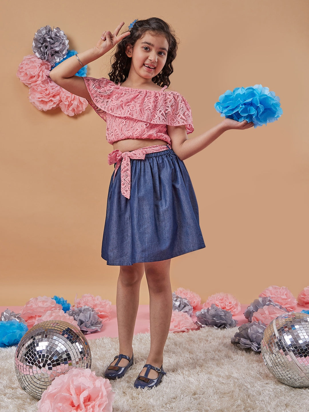 Girls Pink Self Design Off-Shoulder sleeveless Blousan Top with Skirt (sk-denimpink)