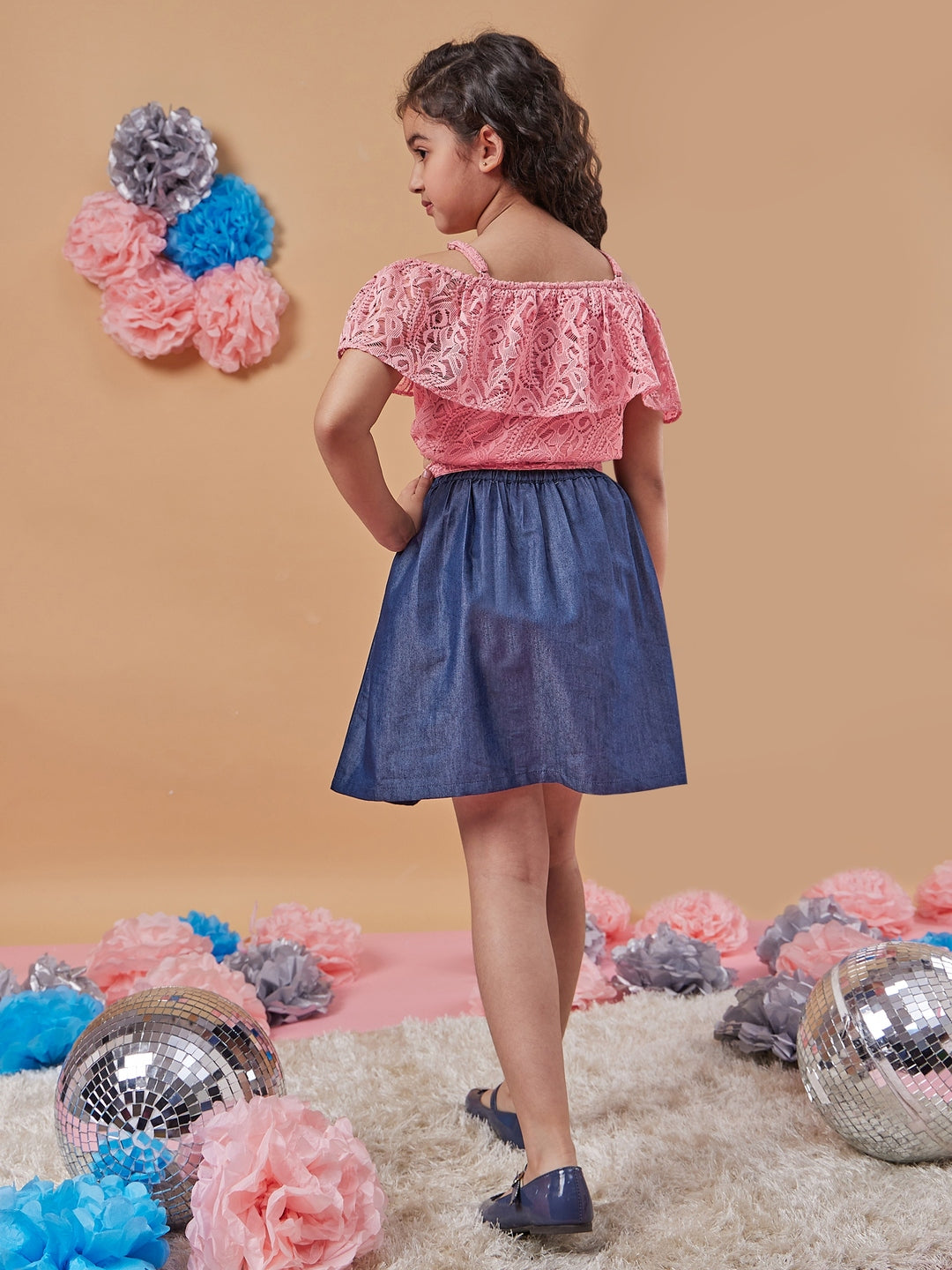 Girls Pink Self Design Off-Shoulder sleeveless Blousan Top with Skirt (sk-denimpink)