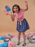 Girls Pink Self Design Off-Shoulder sleeveless Blousan Top with Skirt (sk-denimpink)