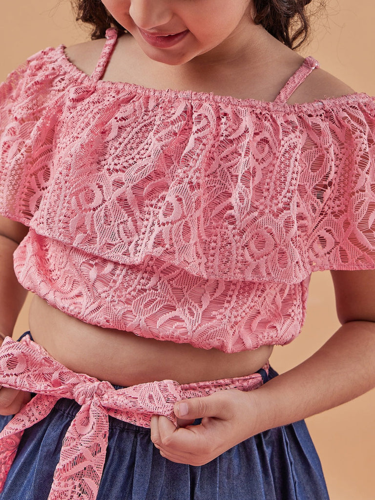 Girls Pink Self Design Off-Shoulder sleeveless Blousan Top with Skirt (sk-denimpink)