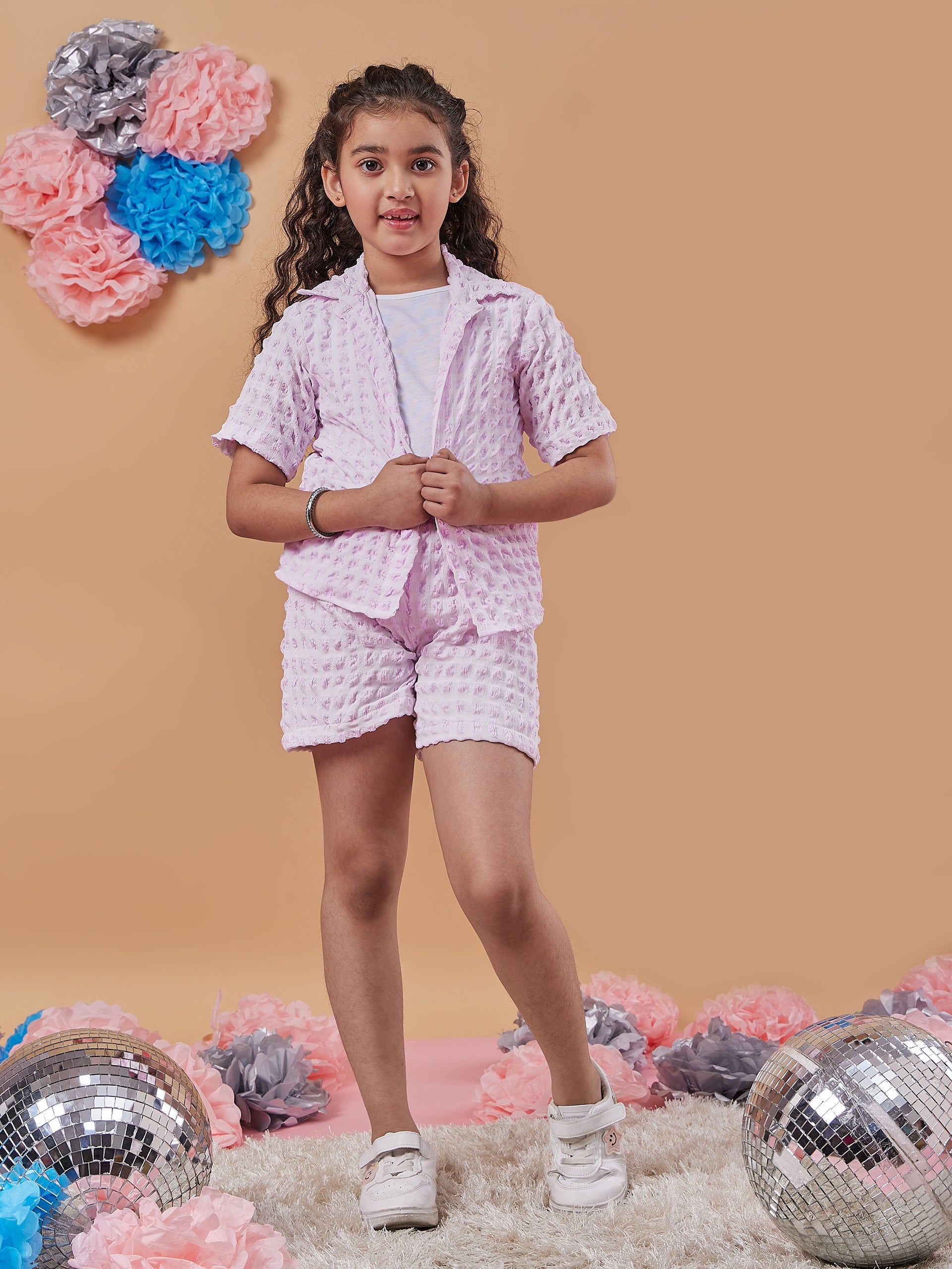 Girls Self Design Shirt With Shorts (sh-bubbleshorts)