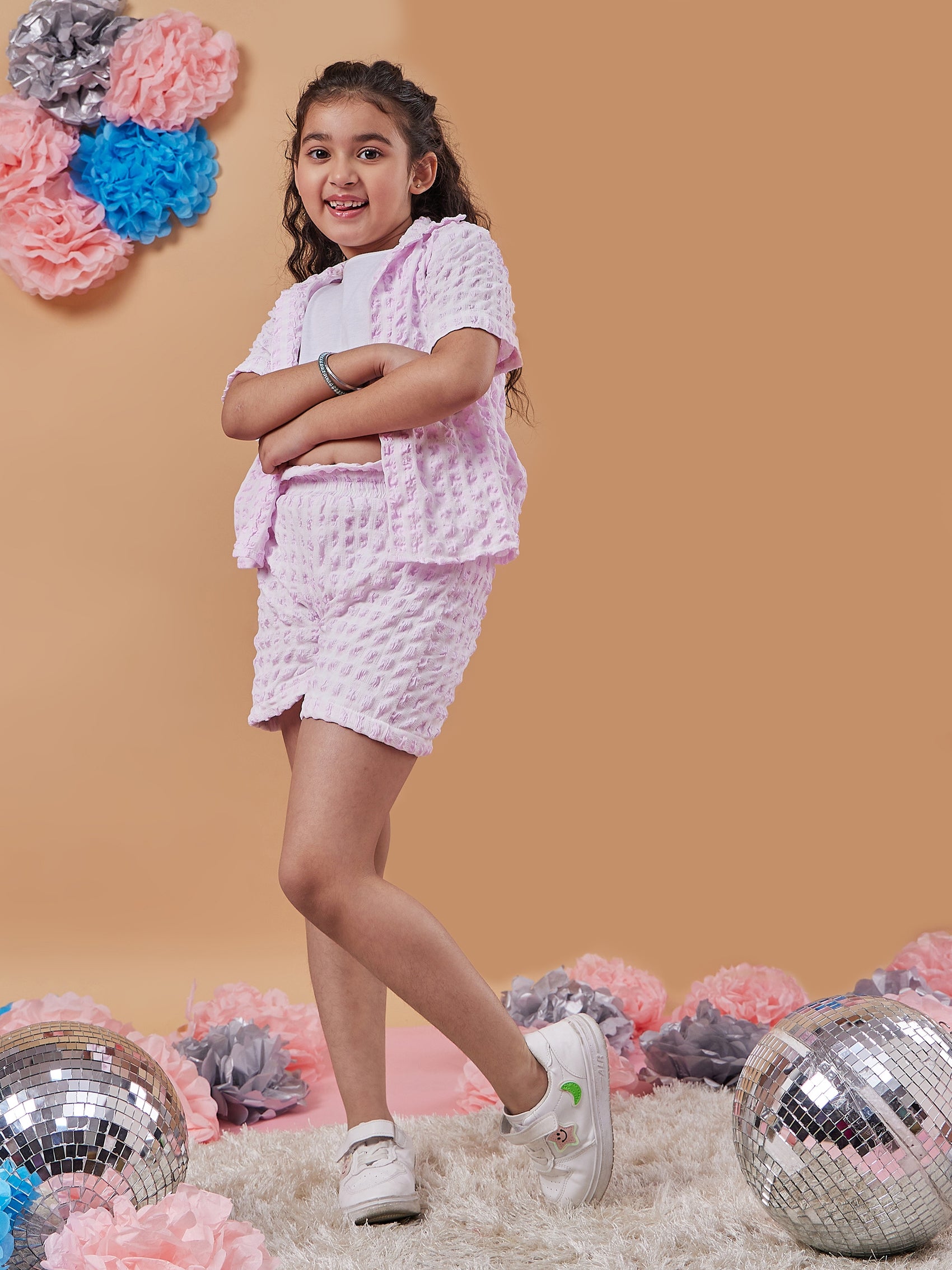 Girls Self Design Shirt With Shorts (sh-bubbleshorts)