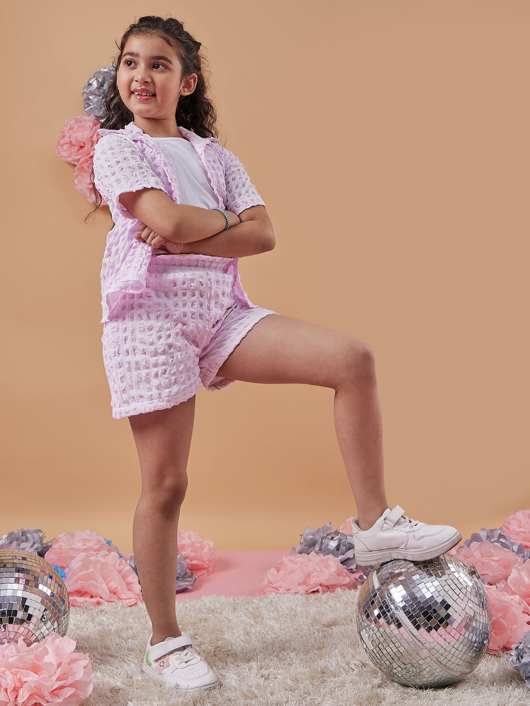 Girls Self Design Shirt With Shorts (sh-bubbleshorts)