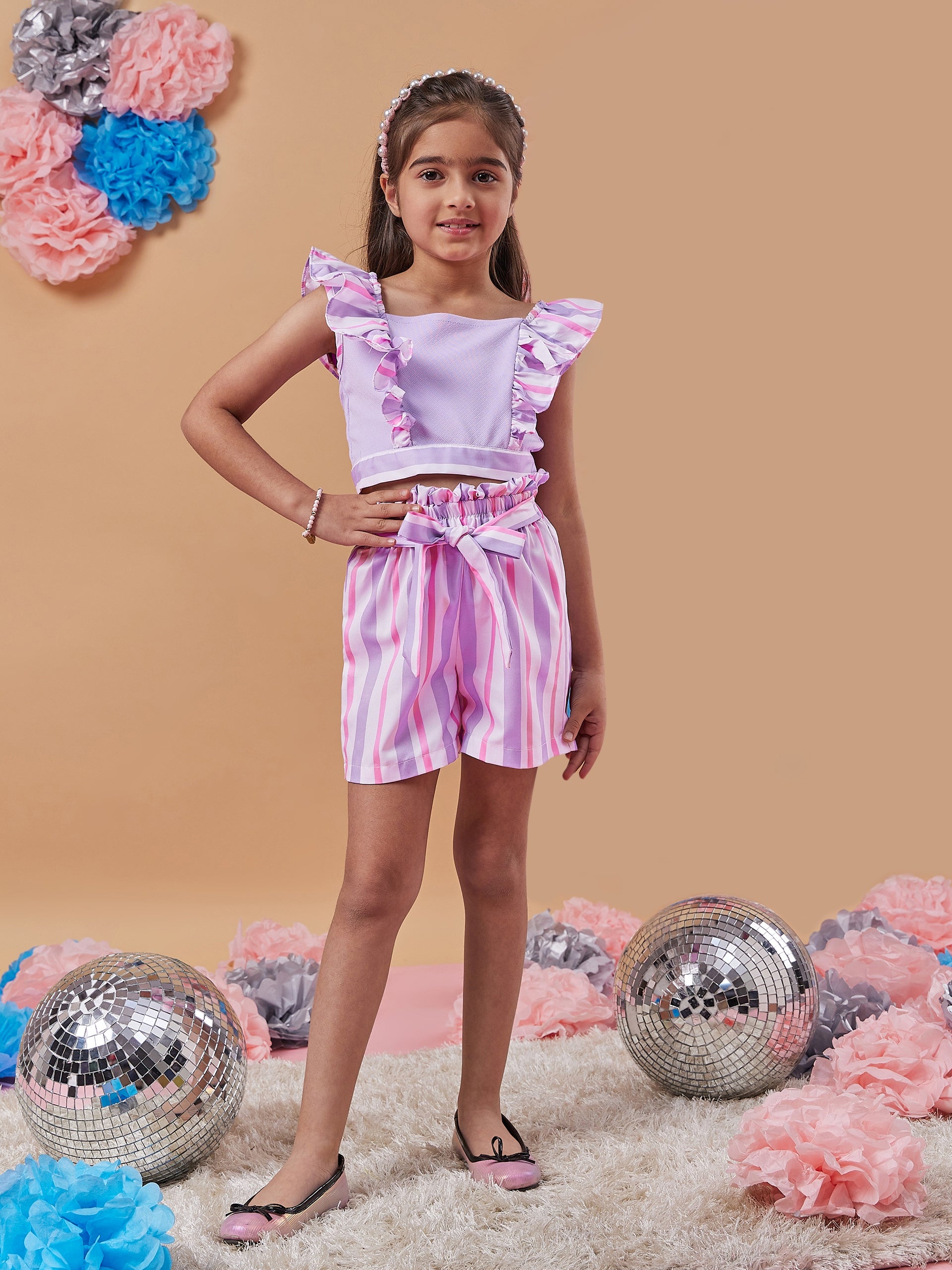 Girls Striped Top With Shorts (sh-mauvestripe)