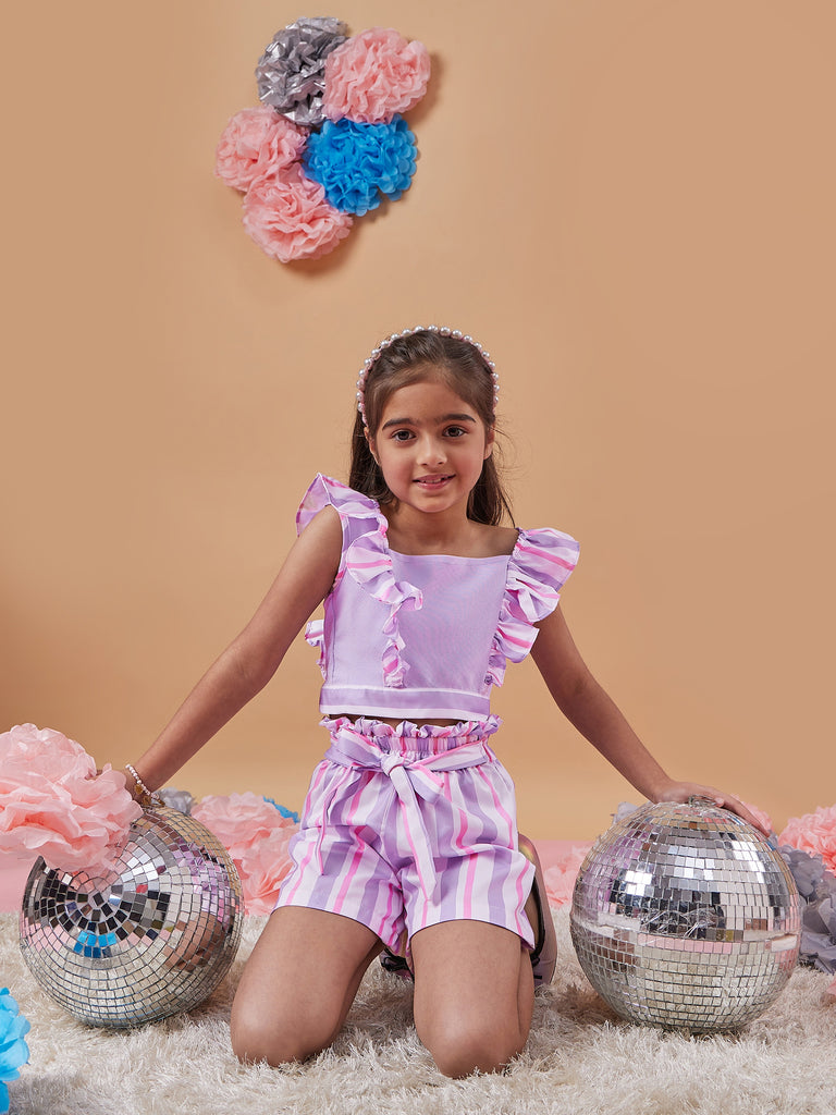 Girls Striped Top With Shorts (sh-mauvestripe)