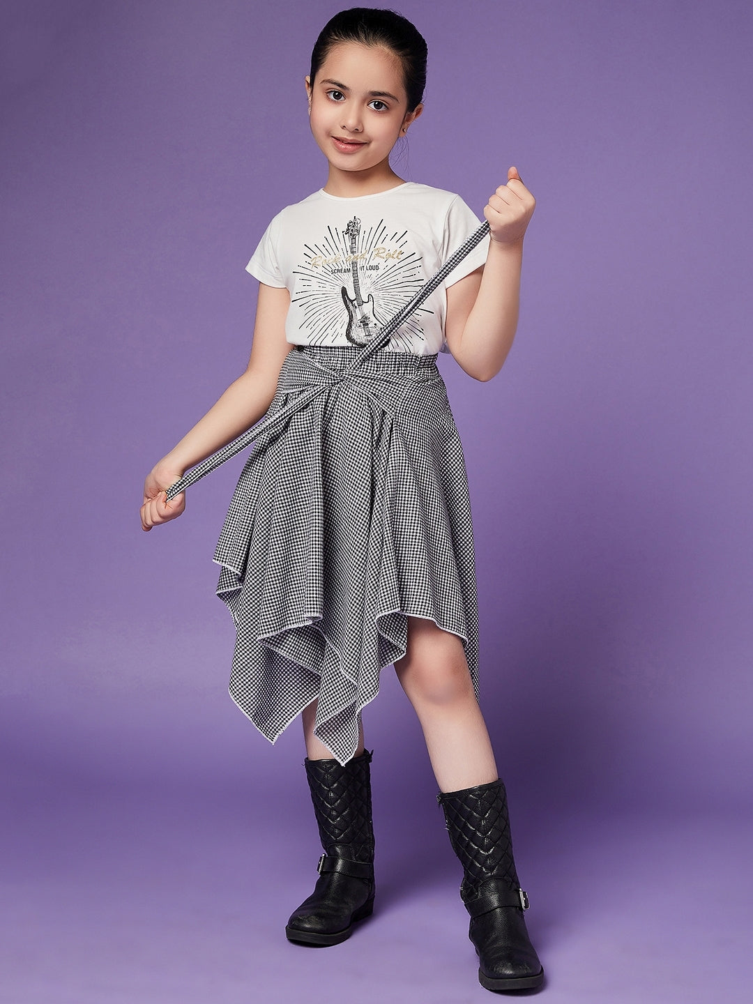 Girls Pure Cotton Top With Checked Skirt slip-on closure Round Neck Short Sleeves Top & Skirt (sk-blackcheck)
