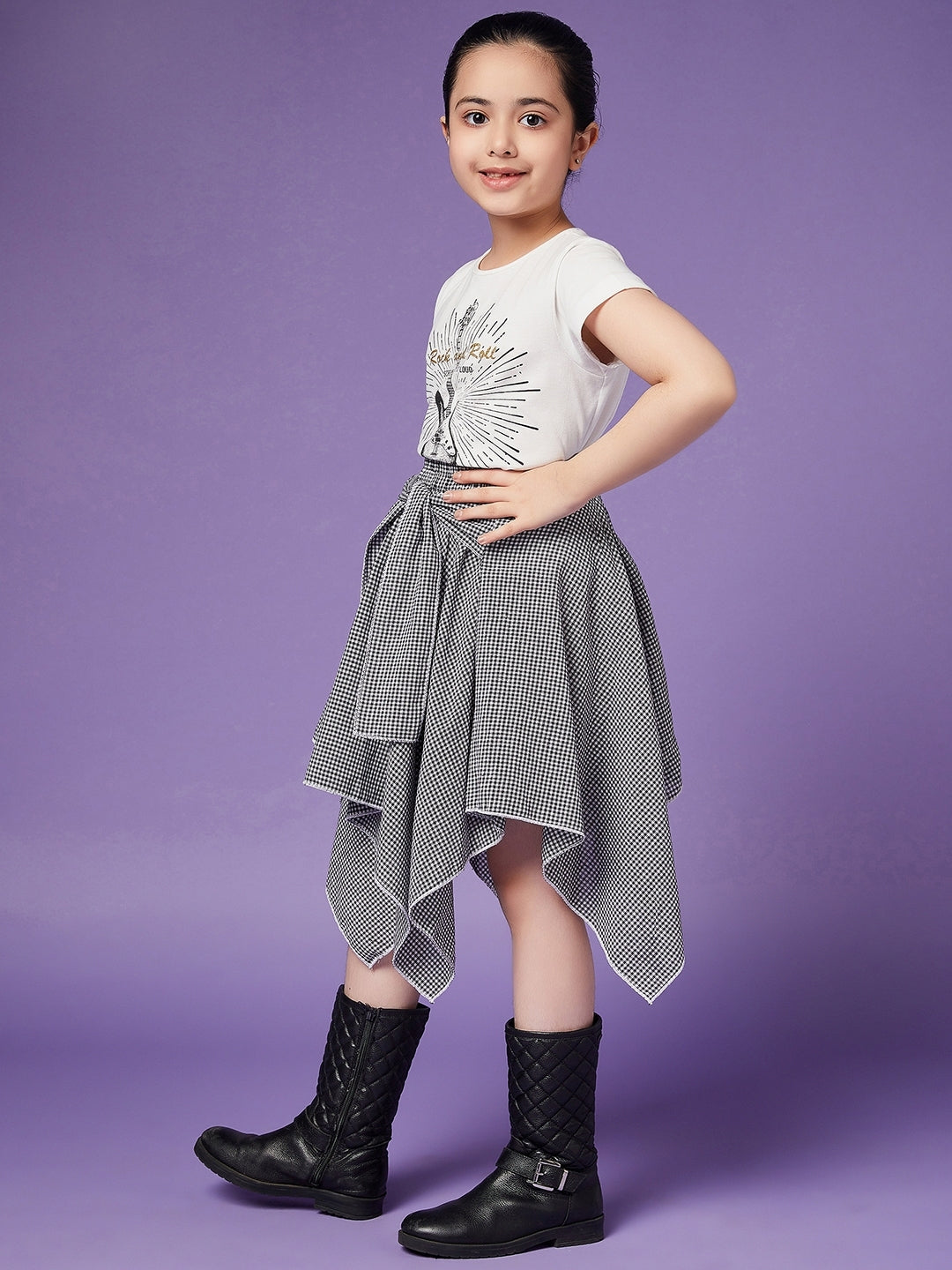 Girls Pure Cotton Top With Checked Skirt slip-on closure Round Neck Short Sleeves Top & Skirt (sk-blackcheck)
