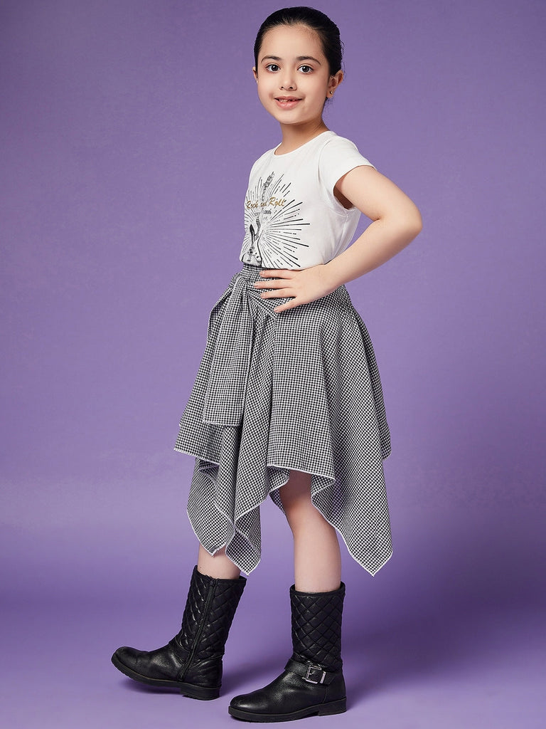 Girls Pure Cotton Top With Checked Skirt slip-on closure Round Neck Short Sleeves Top & Skirt (sk-blackcheck)