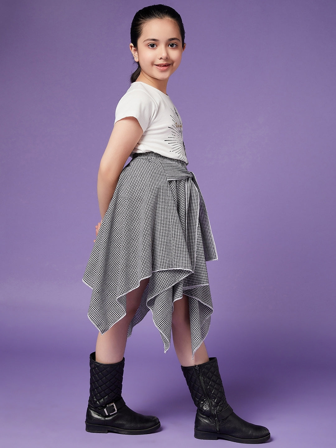 Girls Pure Cotton Top With Checked Skirt slip-on closure Round Neck Short Sleeves Top & Skirt (sk-blackcheck)