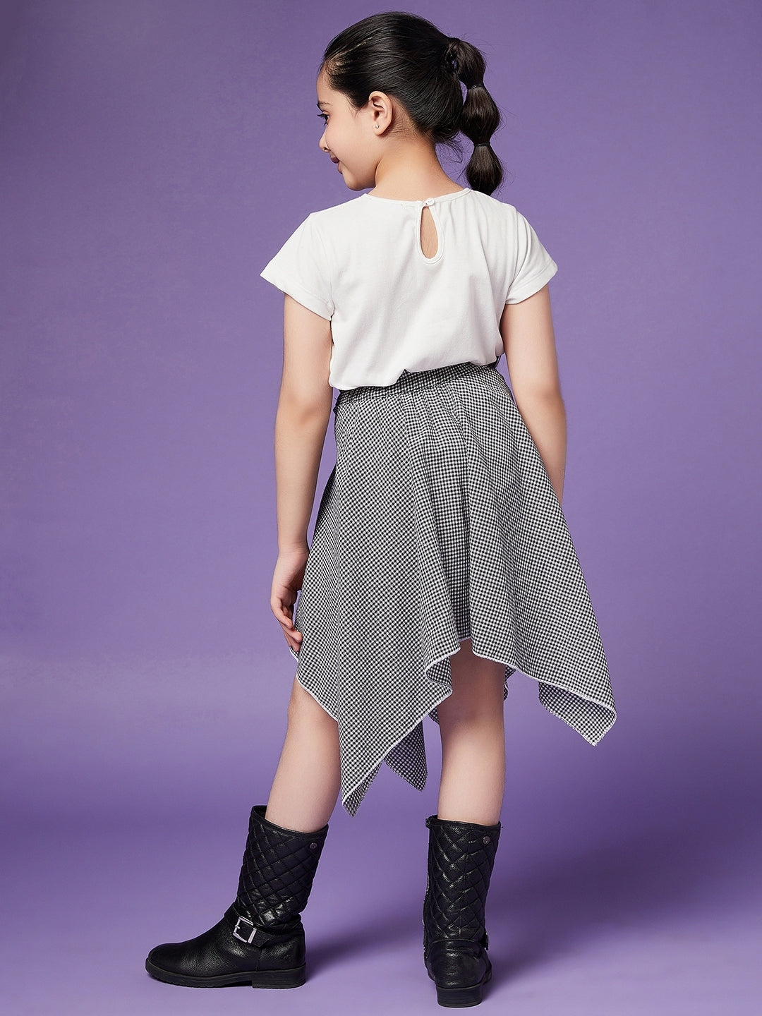 Girls Pure Cotton Top With Checked Skirt slip-on closure Round Neck Short Sleeves Top & Skirt (sk-blackcheck)
