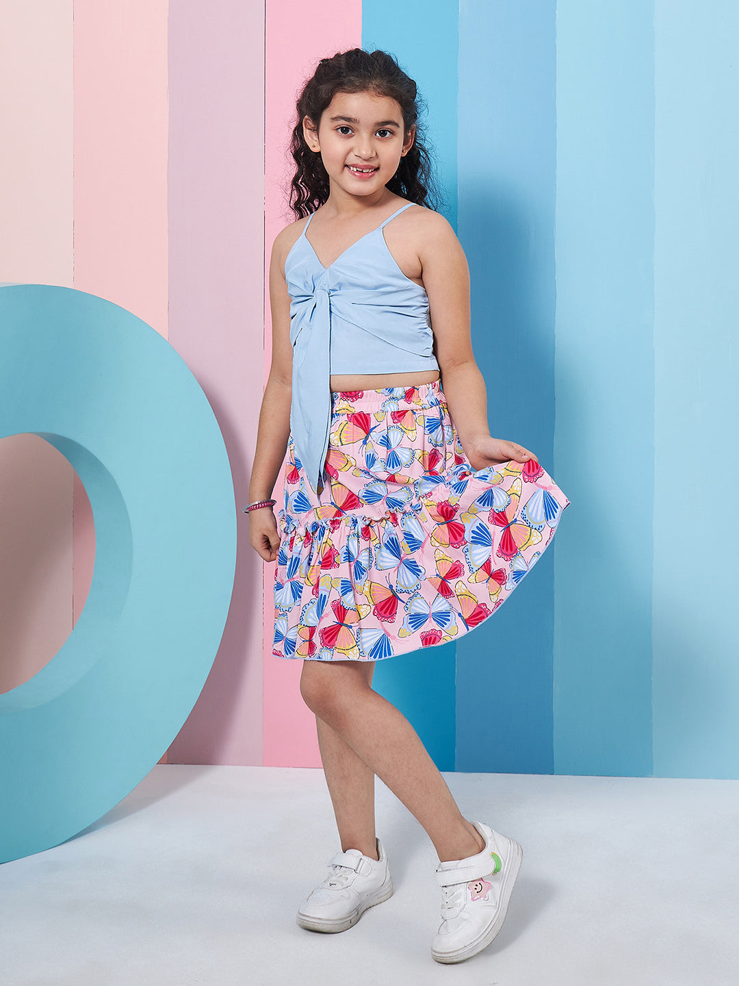 Viscose Rayon Shoulder Straps V-Neck Western Skirt Set Blue (sk-bluebutterfly)