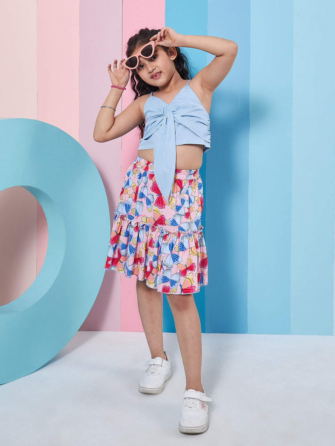 Viscose Rayon Shoulder Straps V-Neck Western Skirt Set Blue (sk-bluebutterfly)