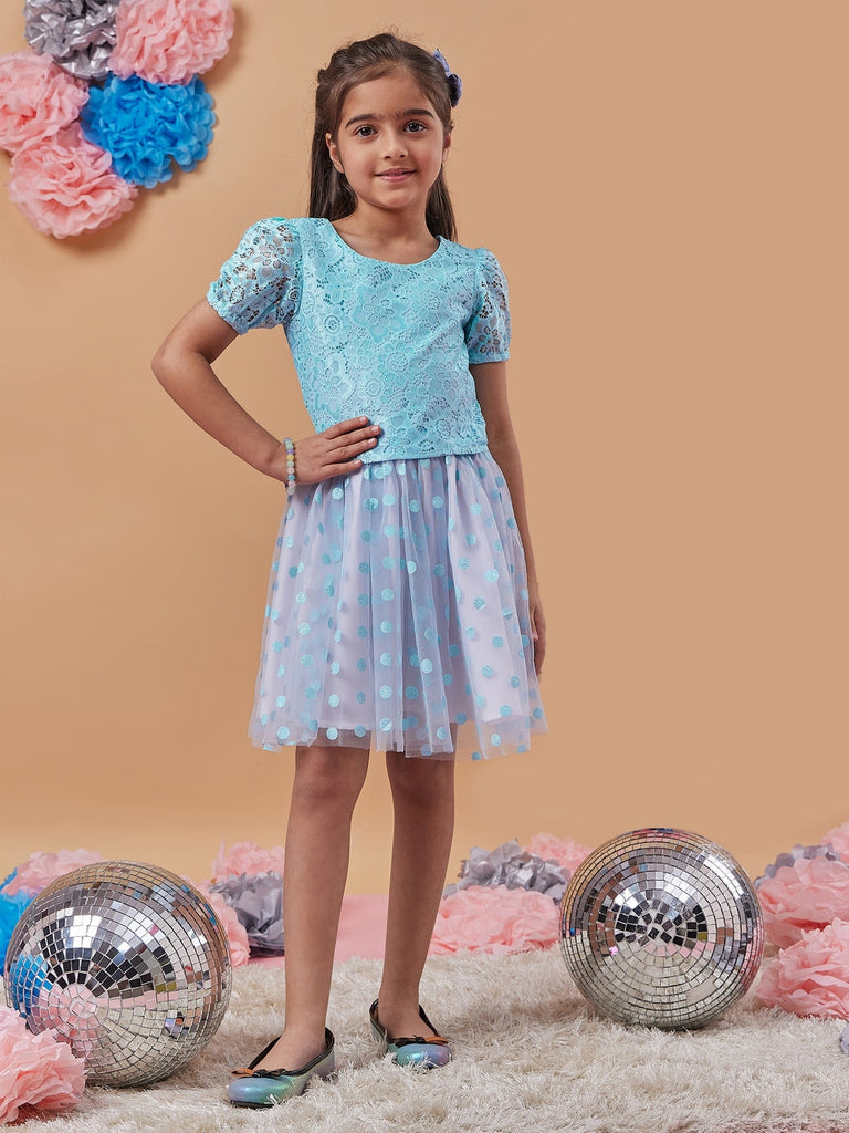 Girls Self Design Silk Blend Fabric Round Neck Short Sleeves Top with Skirt (sk-bluepolka)