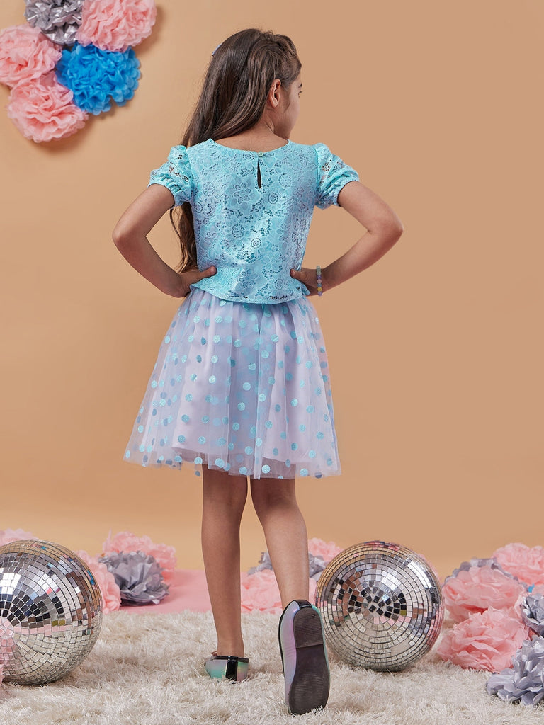 Girls Self Design Silk Blend Fabric Round Neck Short Sleeves Top with Skirt (sk-bluepolka)