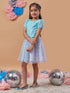Girls Self Design Silk Blend Fabric Round Neck Short Sleeves Top with Skirt (sk-bluepolka)