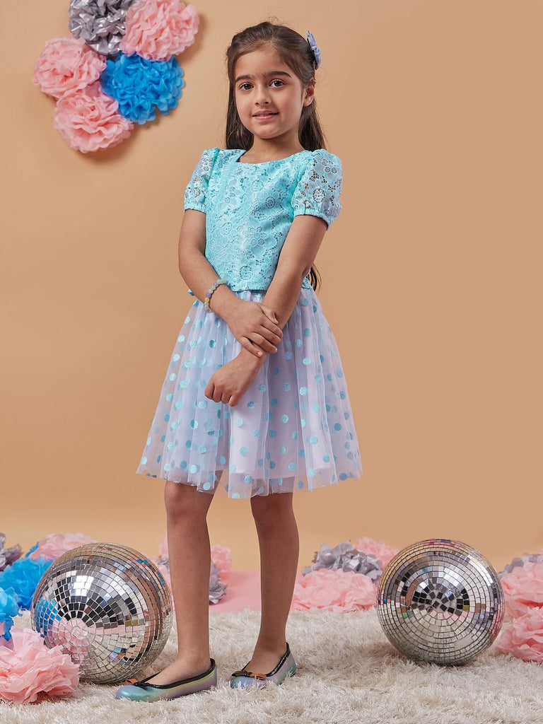 Girls Self Design Silk Blend Fabric Round Neck Short Sleeves Top with Skirt (sk-bluepolka)