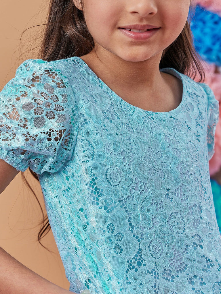 Girls Self Design Silk Blend Fabric Round Neck Short Sleeves Top with Skirt (sk-bluepolka)