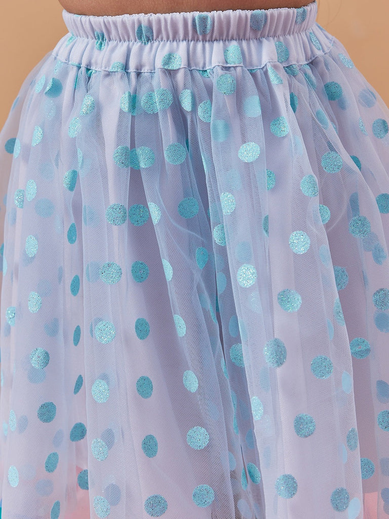 Girls Self Design Silk Blend Fabric Round Neck Short Sleeves Top with Skirt (sk-bluepolka)
