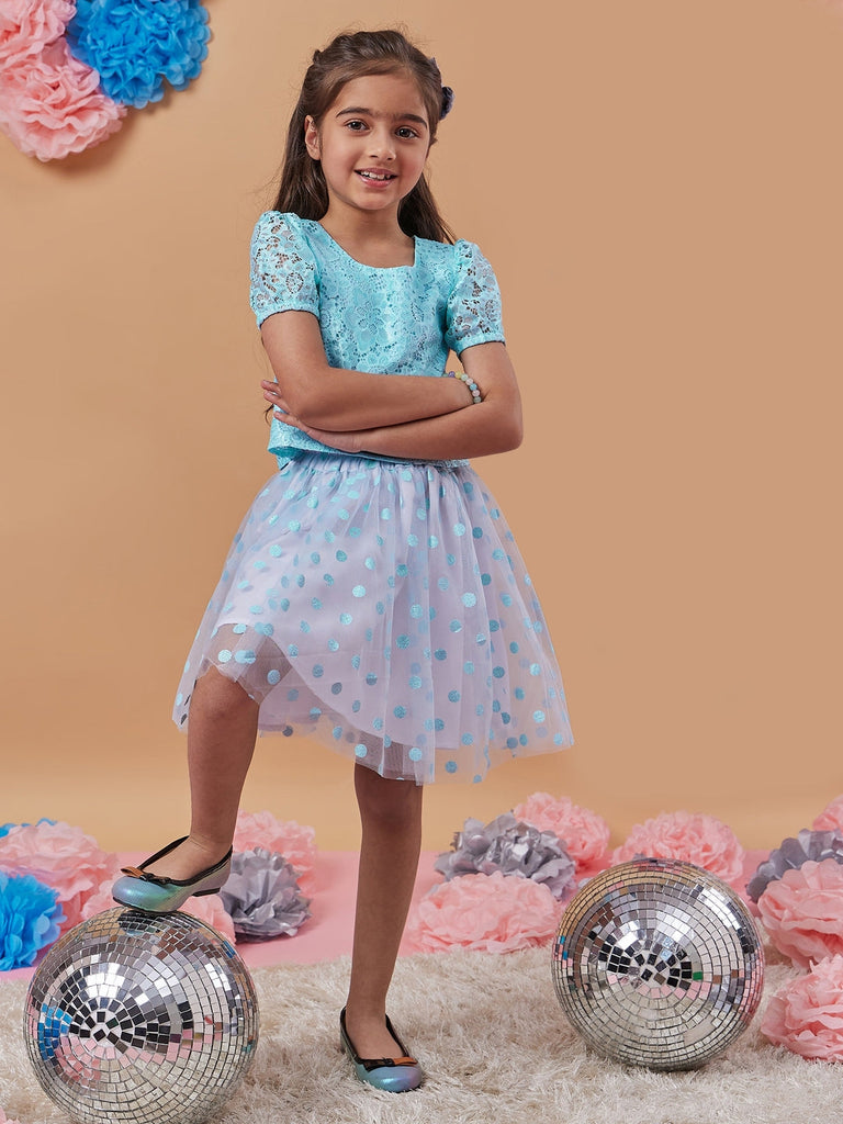 Girls Self Design Silk Blend Fabric Round Neck Short Sleeves Top with Skirt (sk-bluepolka)