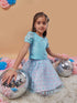 Girls Self Design Silk Blend Fabric Round Neck Short Sleeves Top with Skirt (sk-bluepolka)