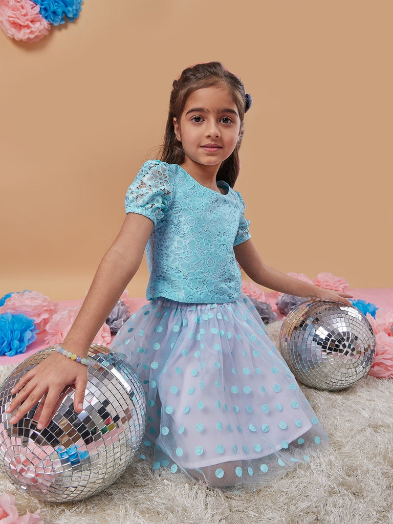 Girls Self Design Silk Blend Fabric Round Neck Short Sleeves Top with Skirt (sk-bluepolka)