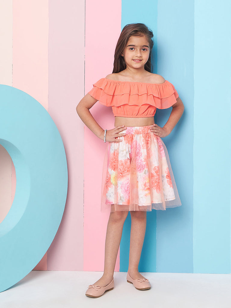 Girls Orange and white solid Top Floral Printed Off-Shoulder Sleeveless Top with Skirt (sk-digifloral)