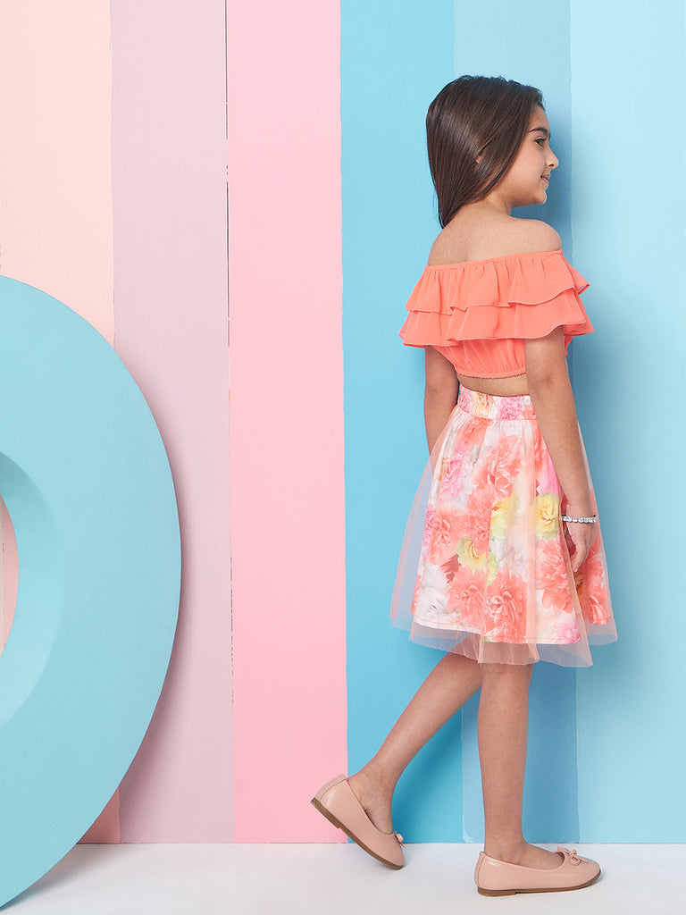 Girls Orange and white solid Top Floral Printed Off-Shoulder Sleeveless Top with Skirt (sk-digifloral)