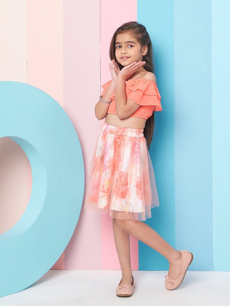 Girls Orange and white solid Top Floral Printed Off-Shoulder Sleeveless Top with Skirt (sk-digifloral)
