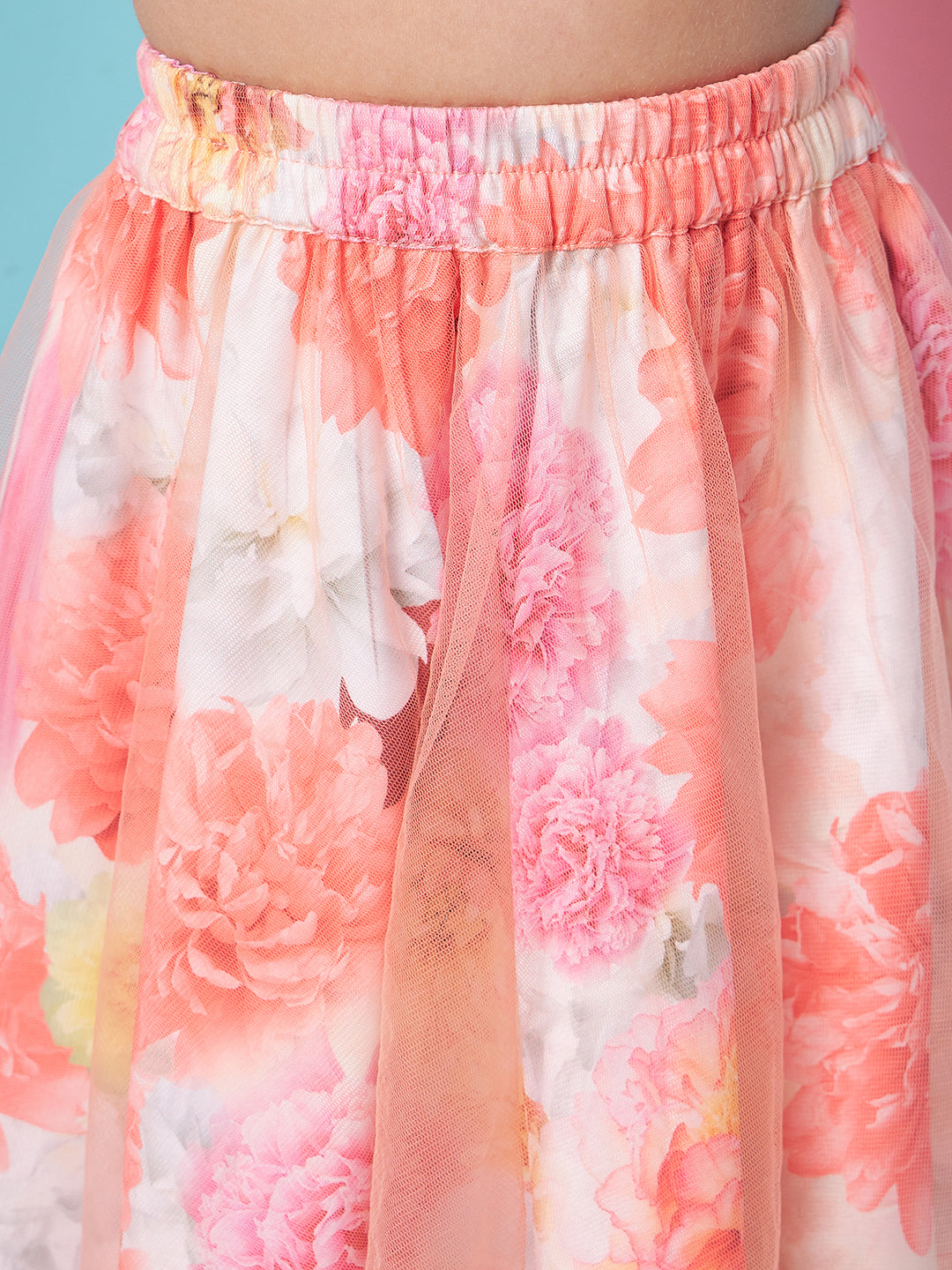 Girls Orange and white solid Top Floral Printed Off-Shoulder Sleeveless Top with Skirt (sk-digifloral)