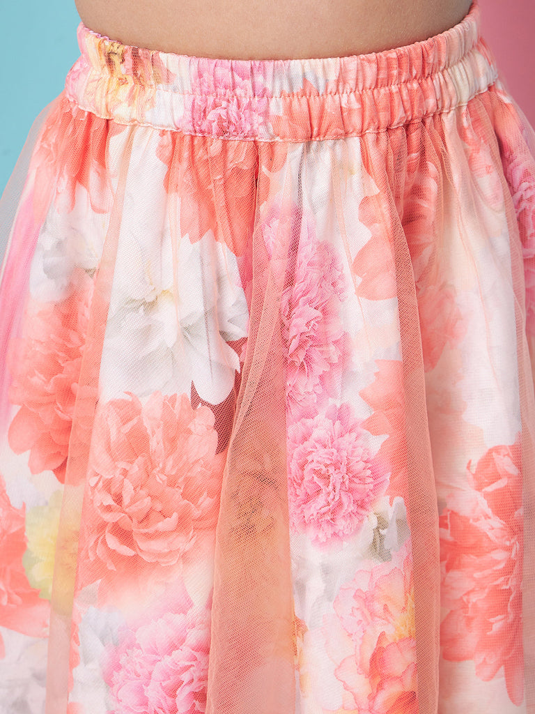 Girls Orange and white solid Top Floral Printed Off-Shoulder Sleeveless Top with Skirt (sk-digifloral)