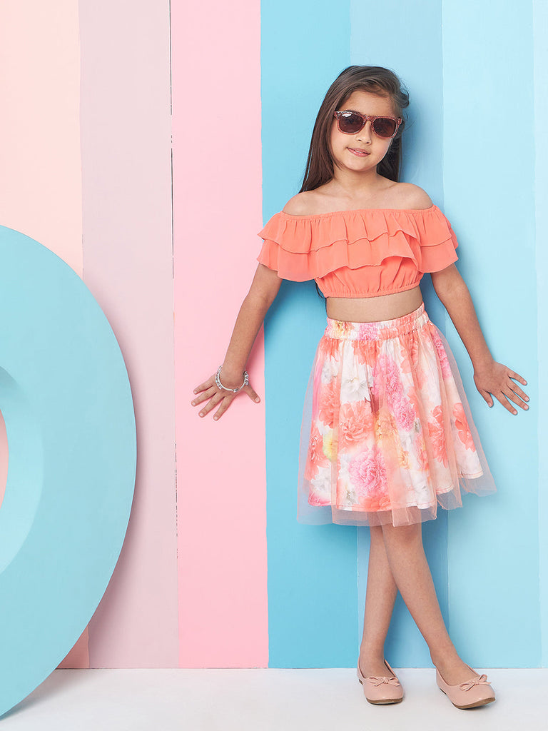 Girls Orange and white solid Top Floral Printed Off-Shoulder Sleeveless Top with Skirt (sk-digifloral)