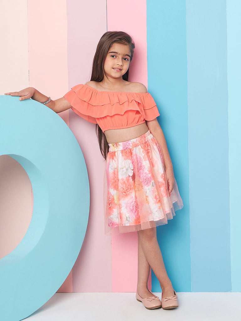Girls Orange and white solid Top Floral Printed Off-Shoulder Sleeveless Top with Skirt (sk-digifloral)