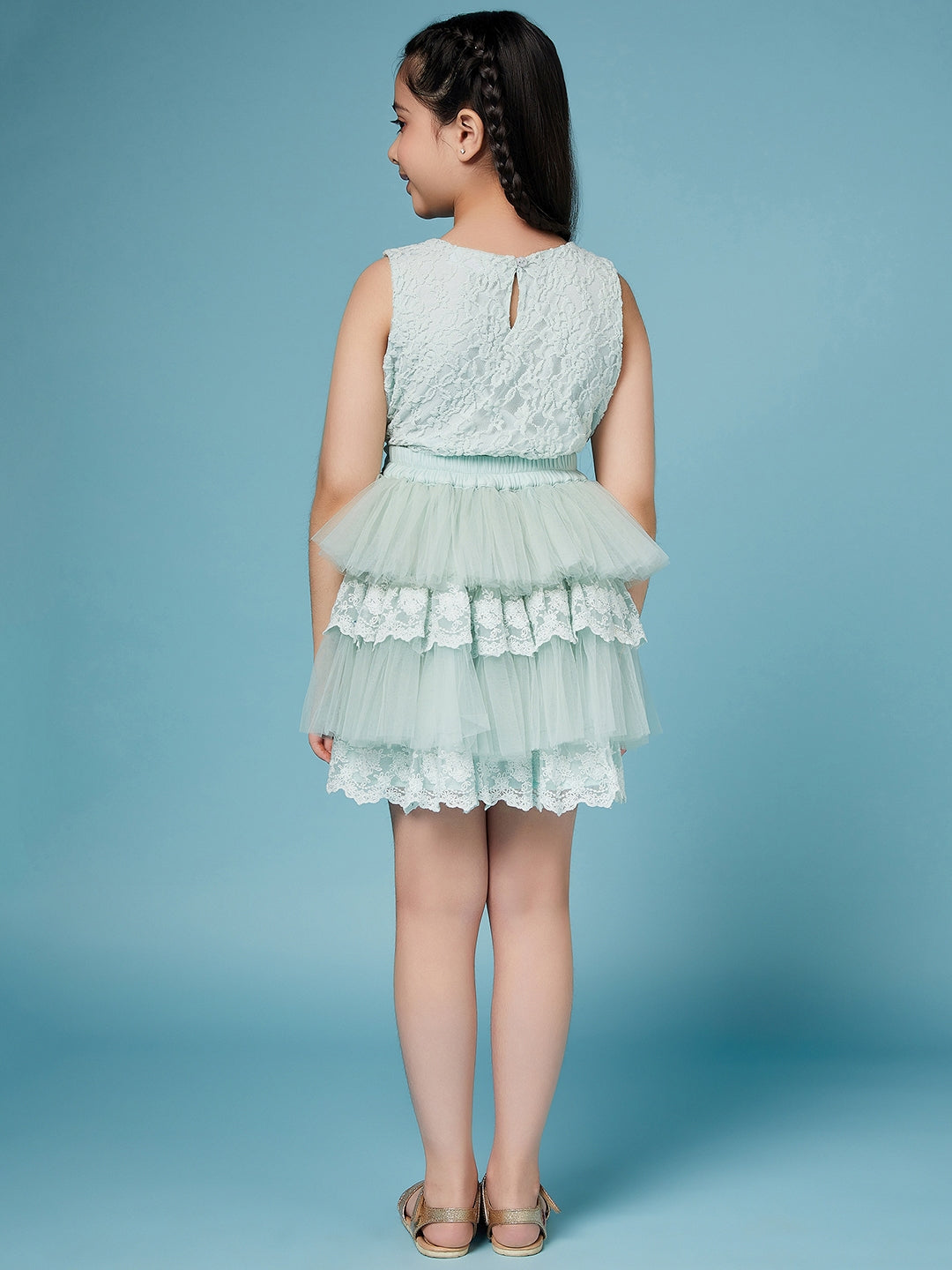 Girls Round Neck Sleeveless Self Design top with Green skirt Top with Skirt (sk-greenlace)