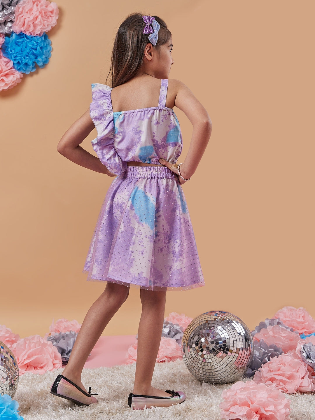 Girls Sleeveless Shoulder Straps Blue and lavender printed Top With Blue and lavender printed Skirt (sk-lilacshaded)