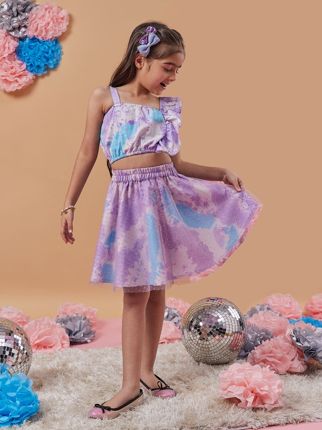 Girls Sleeveless Shoulder Straps Blue and lavender printed Top With Blue and lavender printed Skirt (sk-lilacshaded)