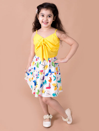Girls Girls Yellow Solid sleeveless Shoulder Straps Top with Multicoloured printed Skirt (sk-multibutterfly)