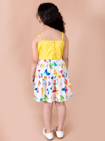 Girls Girls Yellow Solid sleeveless Shoulder Straps Top with Multicoloured printed Skirt (sk-multibutterfly)
