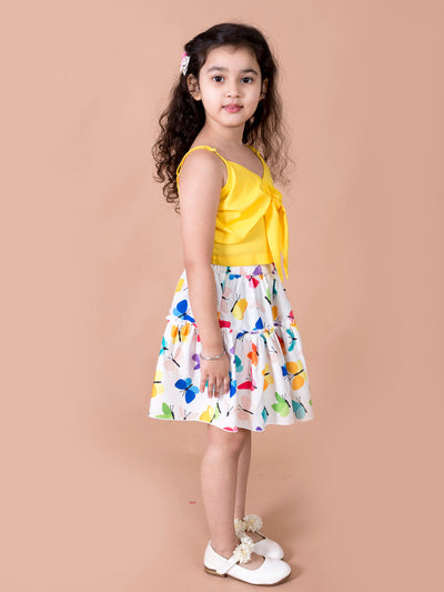 Girls Girls Yellow Solid sleeveless Shoulder Straps Top with Multicoloured printed Skirt (sk-multibutterfly)