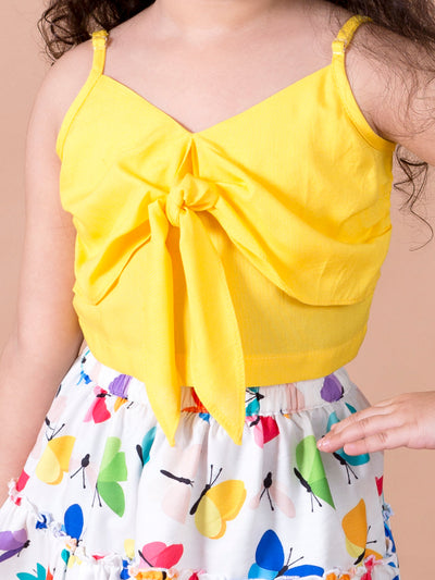 Girls Girls Yellow Solid sleeveless Shoulder Straps Top with Multicoloured printed Skirt (sk-multibutterfly)