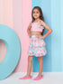 Girls Blue and pink solid Top Round Neck Sleeveless Ruffled Top with Blue and pink printed Skirt (sk-multichiffon)