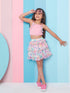 Girls Blue and pink solid Top Round Neck Sleeveless Ruffled Top with Blue and pink printed Skirt (sk-multichiffon)