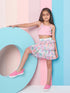 Girls Blue and pink solid Top Round Neck Sleeveless Ruffled Top with Blue and pink printed Skirt (sk-multichiffon)