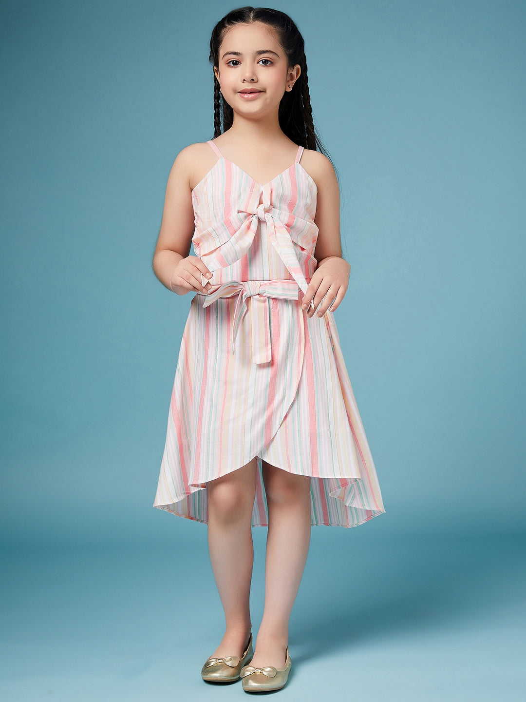 Girls Sleeveless Shoulder Straps Striped Pure Cotton Clothing Top & Skirt Set (sk-multistripes)